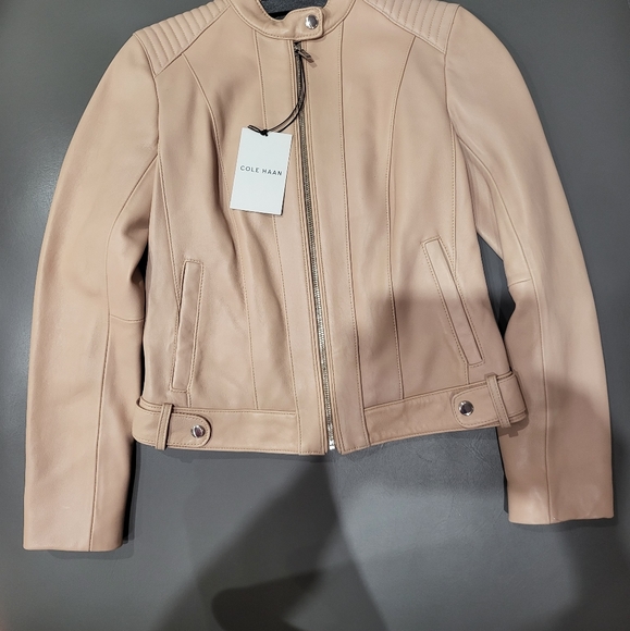 Cole Haan Moto Jacket in Blush Pink - snap neck button - Picture 2 of 10
